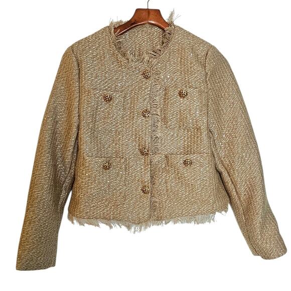 Tan & Gold Cropped Preppy Tweed Blazer Jacket with Gold Buttons - Picture 2 of 7